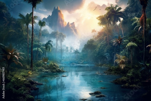 Scene of misty jungle with a body of water. Generative AI © Rowen