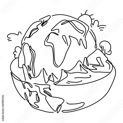 Flat Illustration Global Warming shows the Earth with a layer of green surrounding it. This layer represents the Earth's atmosphere, which helps to keep the planet warm by trapping solar radiation.