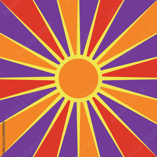 Retro sunshine background. Vector illustration groovy retro style colourful sun rays striped background.