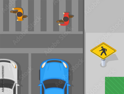 People crossing the street on crosswalk. Top view of a road with pedestrian crossing sign. Flat vector illustration template.