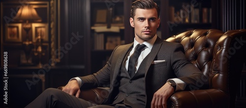 Luxury mens fashion Brunet man in classic suit relaxes in fancy apartment