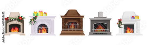 Various Fireplace with Fire in the Hearth Vector Set