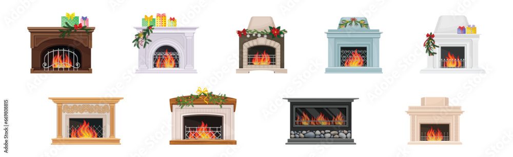 Various Fireplace with Fire in the Hearth Vector Set Various Fireplace with Fire in the Hearth Vector Set
