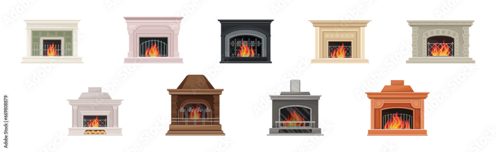 Various Fireplace with Fire in the Hearth Vector Set Various Fireplace with Fire in the Hearth Vector Set