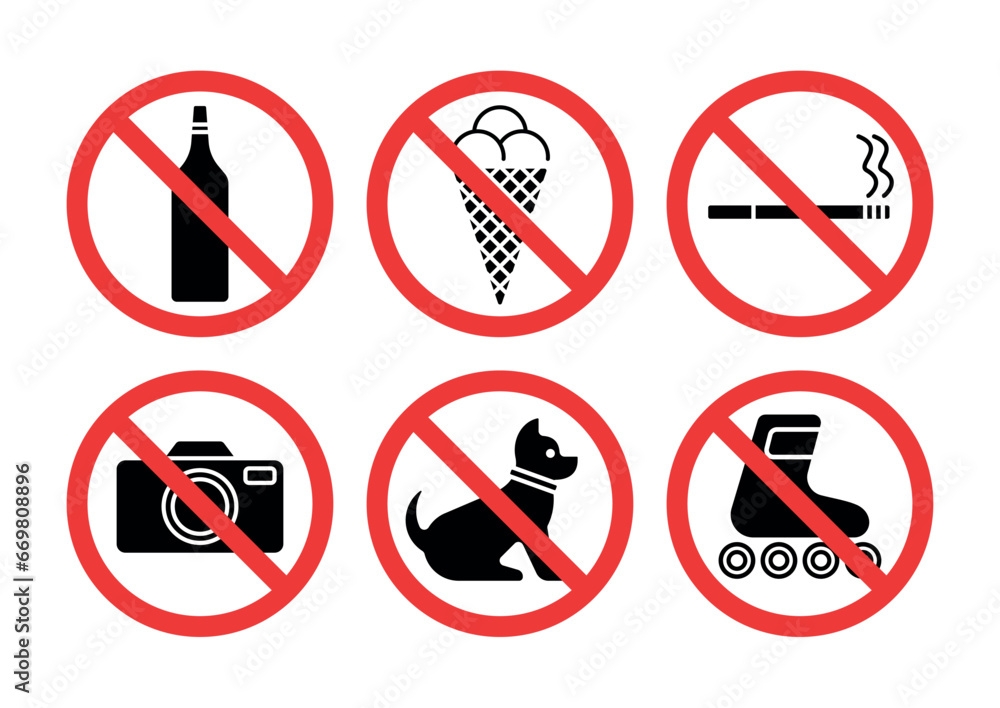Forbidden signs with different designations flat symbols Forbidden signs with different designations flat symbols
