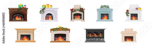 Various Fireplace with Fire in the Hearth Vector Set