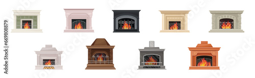 Various Fireplace with Fire in the Hearth Vector Set
