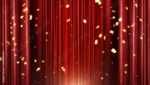 A stage with a red curtain with falling confetti. Drape curtain material. Confetti.