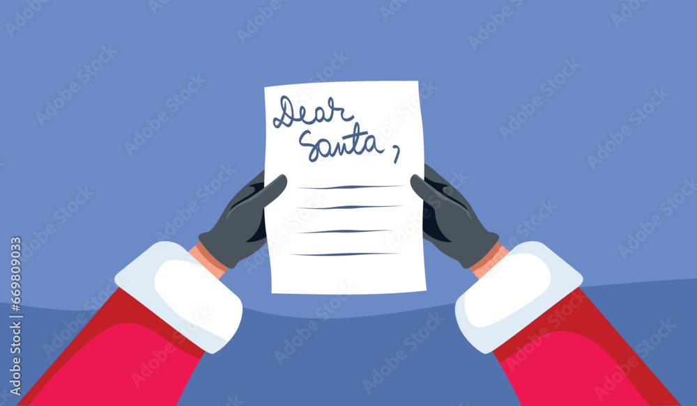 Santa Claus Reading a Wish Letter Vector Illustrator Design. Man holding a wish list message from a good kid 
