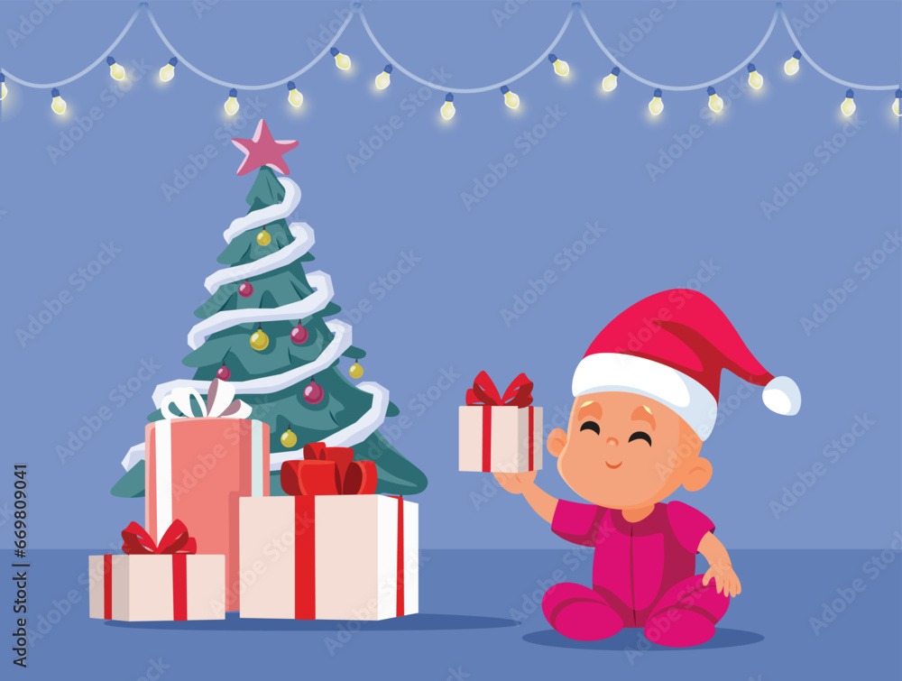 Baby Celebrating Christmas Near the Tree Vector Cartoon Illustration. Happy infant enjoying xmas presents
Baby Celebrating Christmas Near the Tree Vector Cartoon Illustration. Happy infant enjoying xmas presents