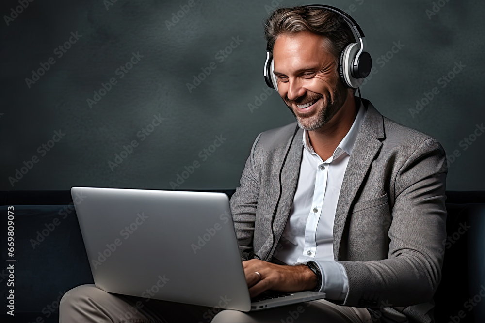 Handsome young man wearing headphones using laptop and smiling while sitting and working in office Handsome young man wearing headphones using laptop and smiling while sitting and working in office