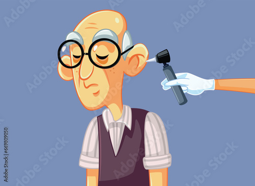 Vector Doctor Using Otoscope for Ear Control on a Senior Man. ENT practitioner examining an elderly patient 
