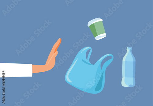 Person Saying No to plastic Use Vector Ecological Concept Design. Ecological activist refusing single use items at the store
