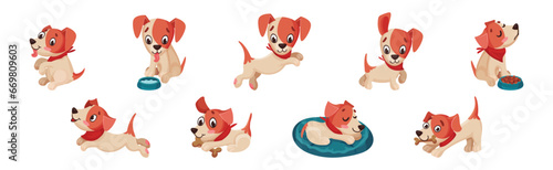 Funny Puppy Dog Character Engaged in Different Activity Vector Set