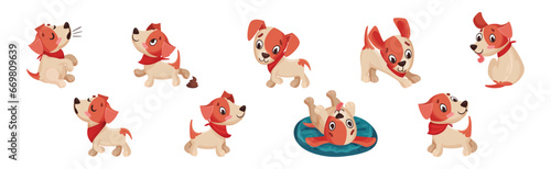 Funny Puppy Dog Character Engaged in Different Activity Vector Set