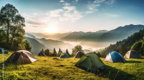 Many tents pitched up, with a view of mountains and fog behind.