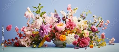 Home made bouquet created by arranging garden picked spring flowers on a table