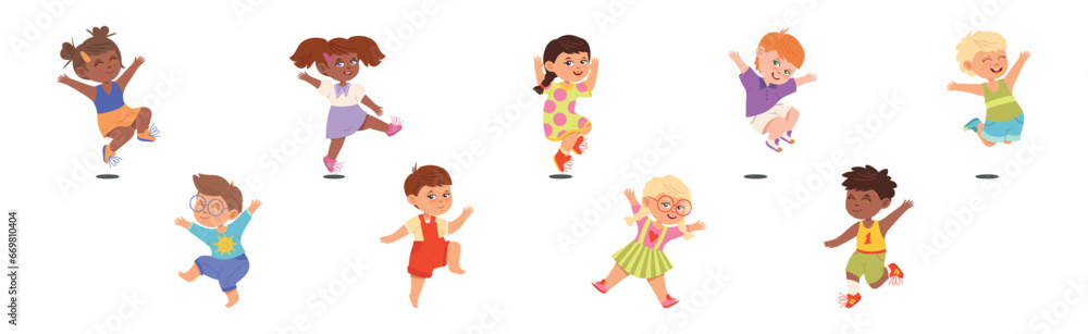 Happy Kid Character Jumping with Joy Vector Set Happy Kid Character Jumping with Joy Vector Set