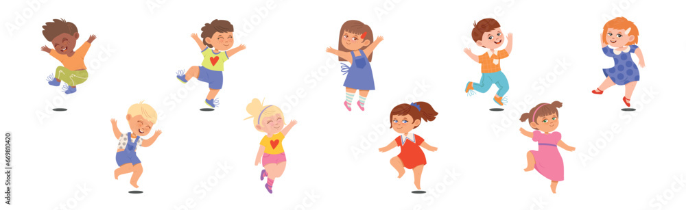 Happy Kid Character Jumping with Joy Vector Set Happy Kid Character Jumping with Joy Vector Set
