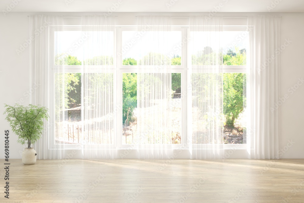 White empty room with summer landscape in window. Scandinavian interior design. 3D illustration White empty room with summer landscape in window. Scandinavian interior design. 3D illustration