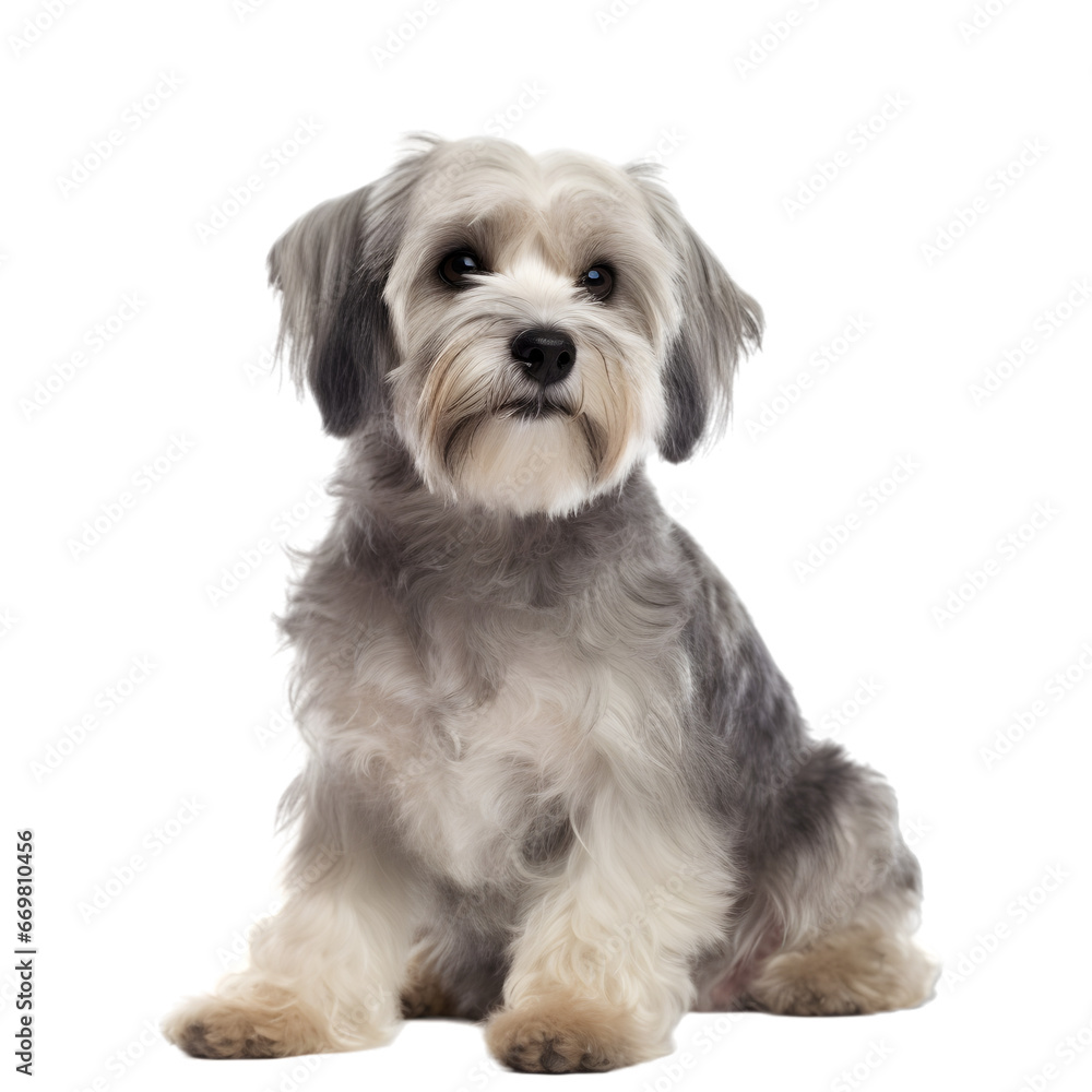 half side view, gray dandie dinmont sitting in front of transparent background, looking up. 