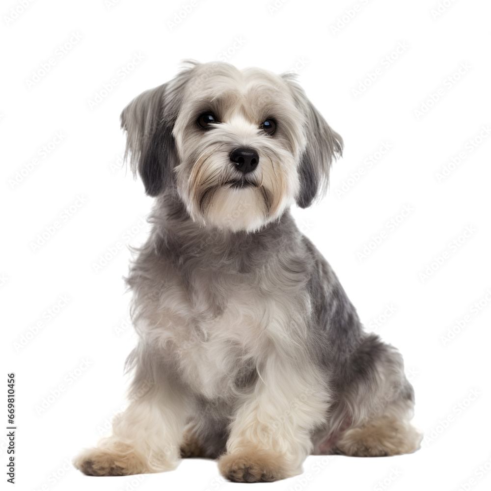 half side view, gray dandie dinmont sitting in front of transparent background, looking up. half side view, gray dandie dinmont sitting in front of transparent background, looking up.