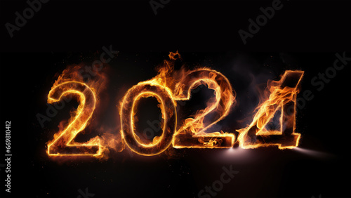 Happy New Year,2024, banner in a night party atmosphere with fireworks.