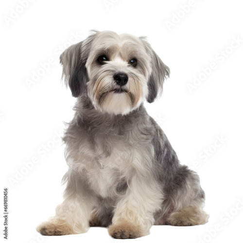 half side view, gray dandie dinmont sitting in front of transparent background, looking up.  © Naige