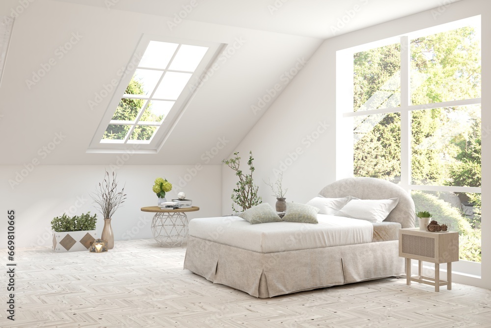 Fototapeta premium White bedroom concept. Scandinavian interior design. 3D illustration