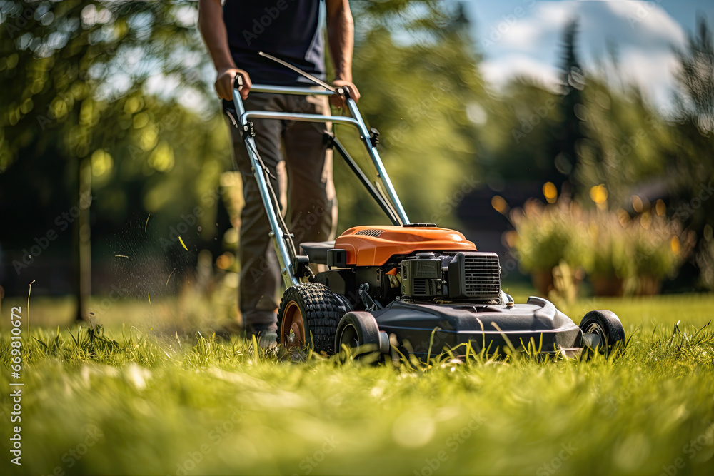Man mowing the lawn with a lawn mower in the garden. Gardening concep Man mowing the lawn with a lawn mower in the garden. Gardening concep