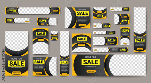 Real Estate web ad banner template design with black and gray background. vector