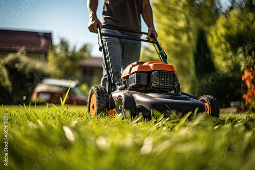 Man mowing the lawn with a lawn mower in the garden. Gardening concep photo