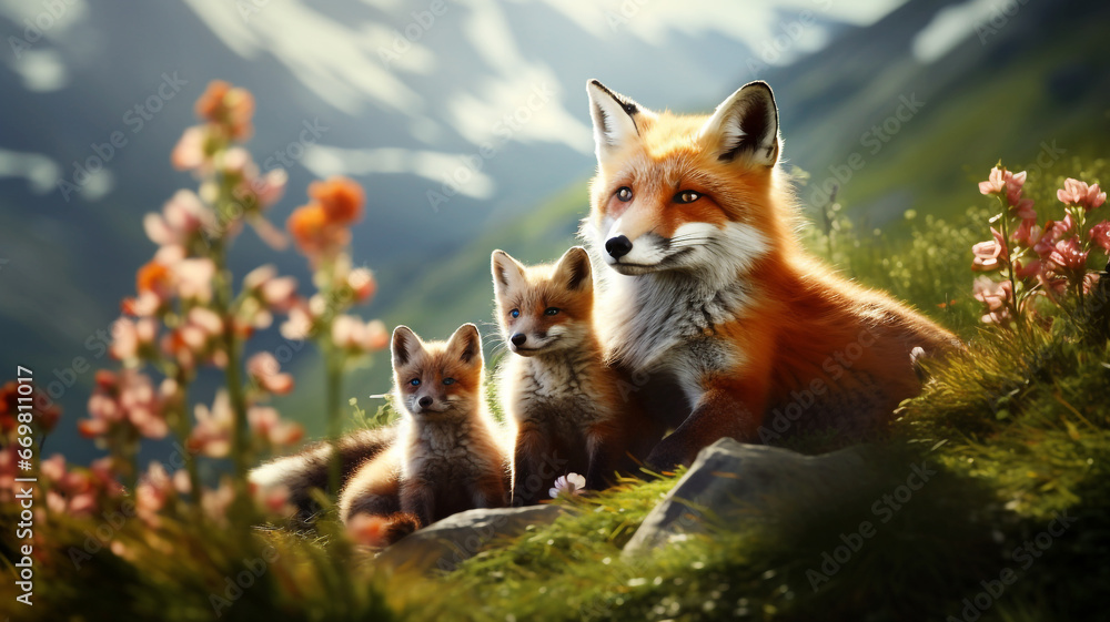 Obraz premium Mother fox with her cubs surrounded by flowers
