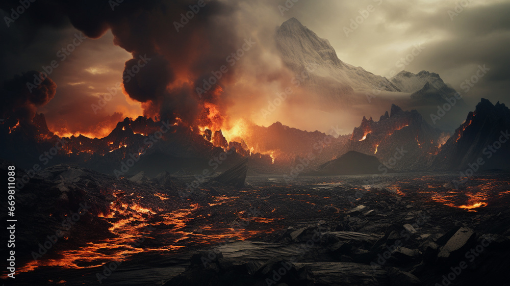 Volcano eruption apocalyptic disaster scene