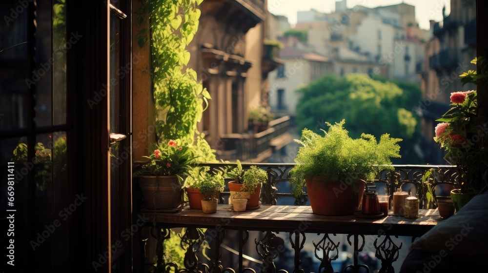 Potted plants growing on narrow balcony. Generative AI