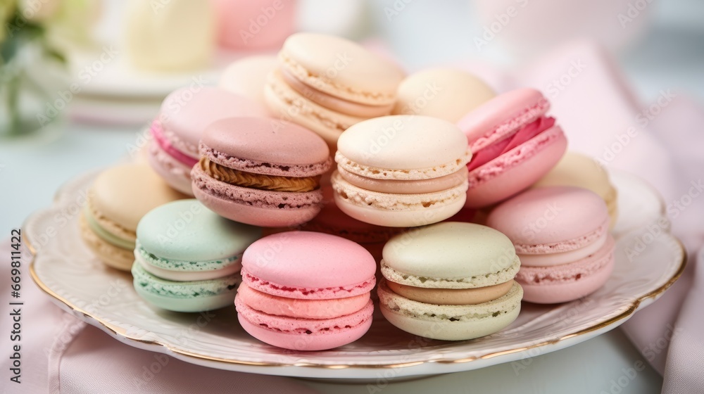 Obraz premium Sweet colorful macaroons in plates on the table. Generative AI