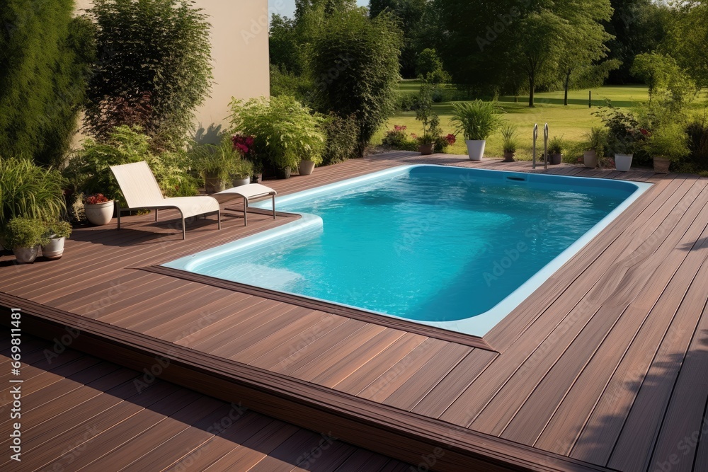 Swimming pool and decking in garden of luxury home. Generative AI