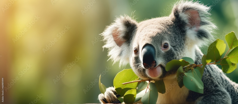 Obraz premium A blurry background frames a cute koala enjoying eucalyptus leaves in a zoo