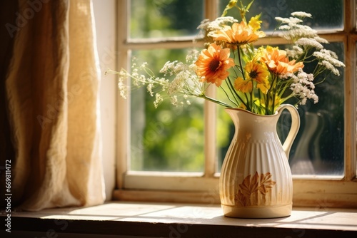 Jug with flowers at home by the window. Generative AI