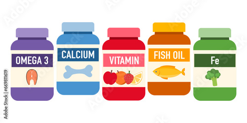 Dietary supplements with iron, fish oil, vitamin, calcium, omega 3. Health care concept.