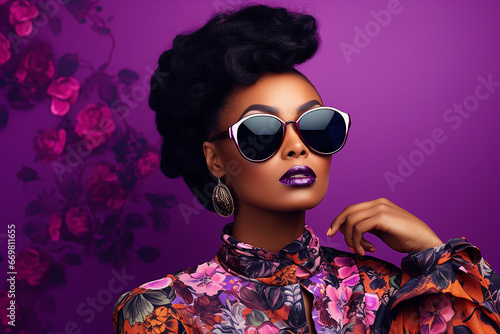 Studio portrait of a beautiful black skin african woman in sunglasses on different colours background