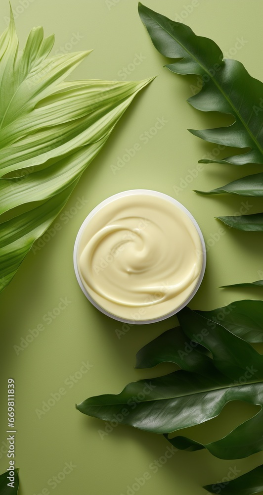 Cream in a transparent jar on a green background with leaves. Mockup for your product presentation. Vertical format. Cream in a transparent jar on a green background with leaves. Mockup for your product presentation. Vertical format.