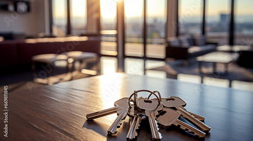 A set of shiny keys resting on a modern, glass - topped table in a newly purchased urban apartment, sunlight streaming through floor - to - ceiling windows
