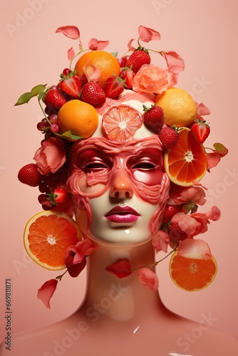 A woman with a fruit and berry composition on her head against a pink background. Vertical format.