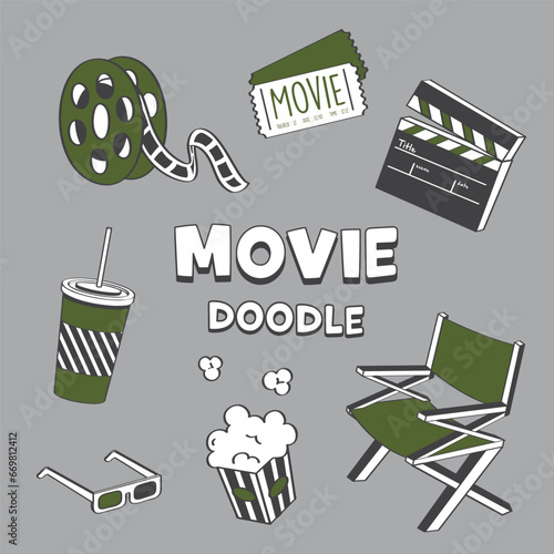 Doodle movie items. Hand drawing vector illustration of movie.