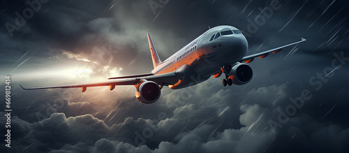 Airplane is flying through a turbulence in the sky with dangerous storm.