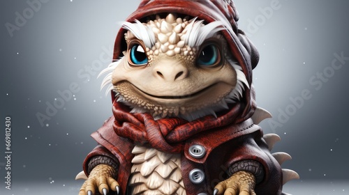 Cute dragon in a jacket and hood in snowy winter for Christmas and New Year holiday