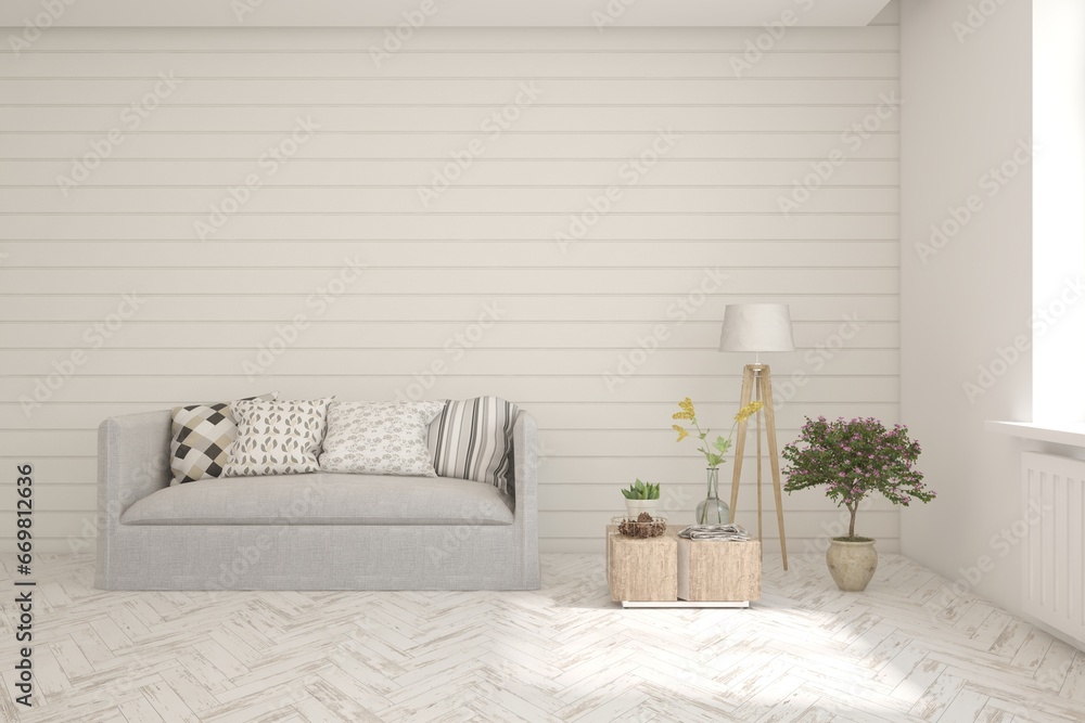 Fototapeta premium White living room with sofa. Scandinavian interior design. 3D illustration