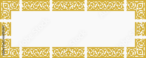 Set of gold border ornaments consisting of main, middle and corner ornaments. Vector design element.