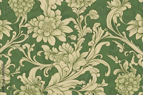 Green and beige floral damask ornament